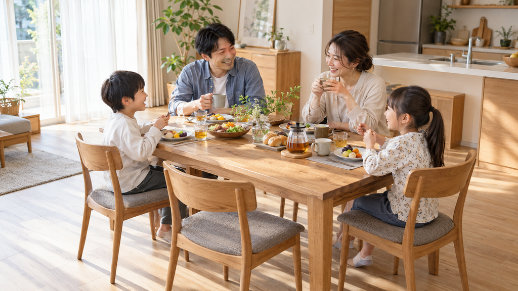 家族で囲む明るく温かみのあるダイニングのイメージ